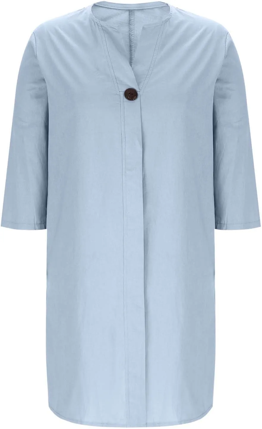 Womens Plus Size Summer Dress Cotton Linen Trendy 3/4 Sleeve Dresses Casual Loose Side Split V Neck Midi Shirt Dress