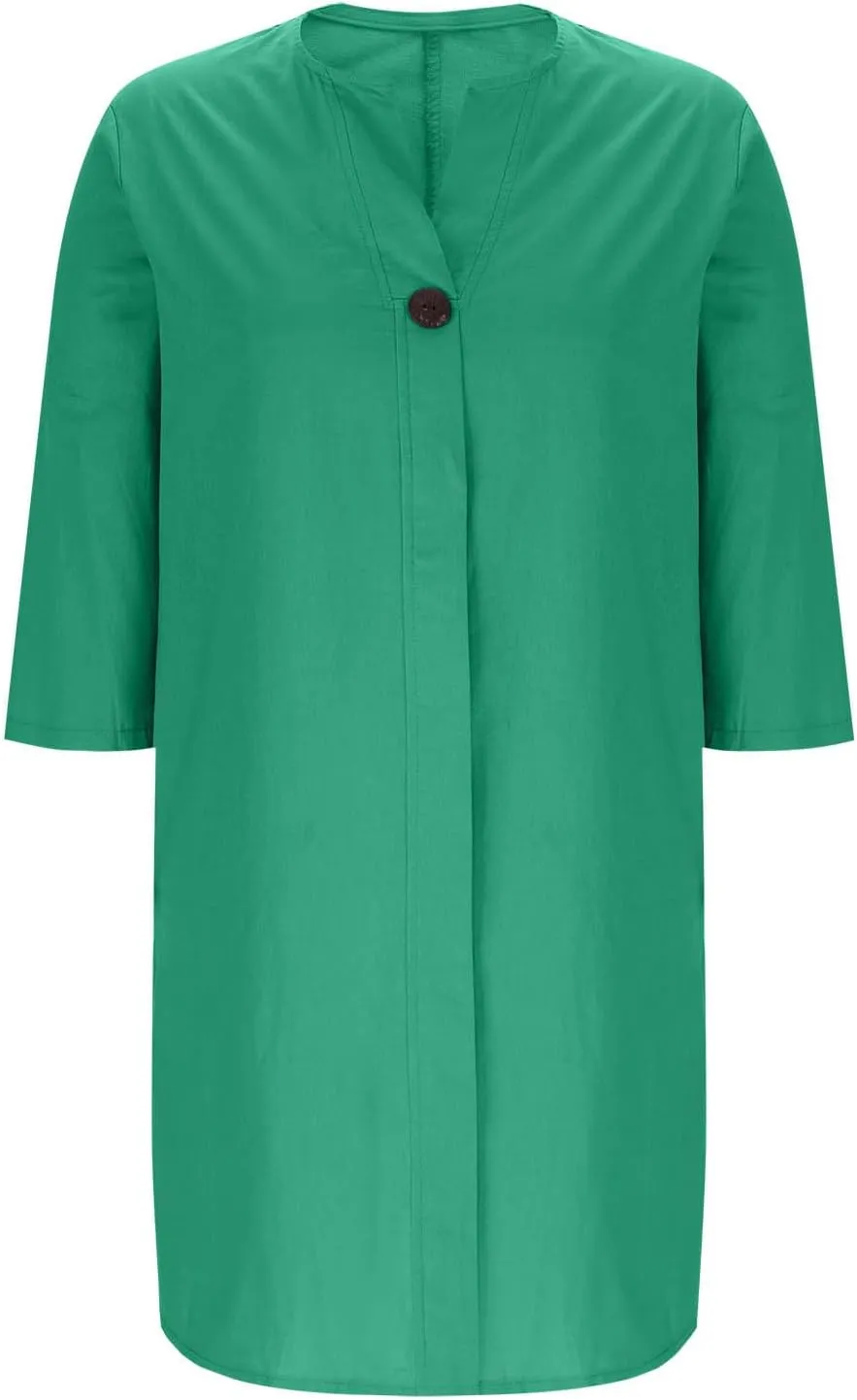 Womens Plus Size Summer Dress Cotton Linen Trendy 3/4 Sleeve Dresses Casual Loose Side Split V Neck Midi Shirt Dress