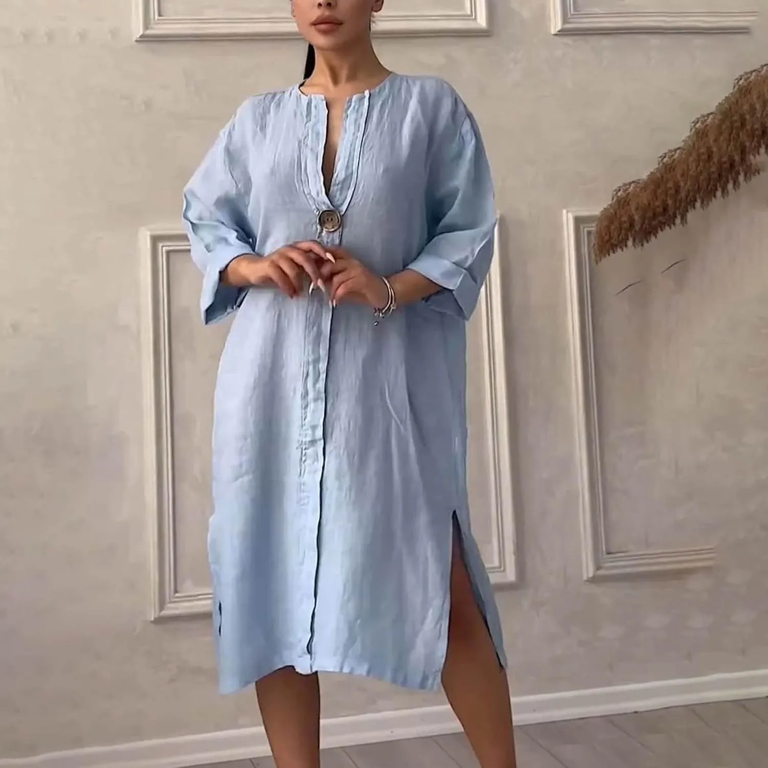 Womens Plus Size Summer Dress Cotton Linen Trendy 3/4 Sleeve Dresses Casual Loose Side Split V Neck Midi Shirt Dress