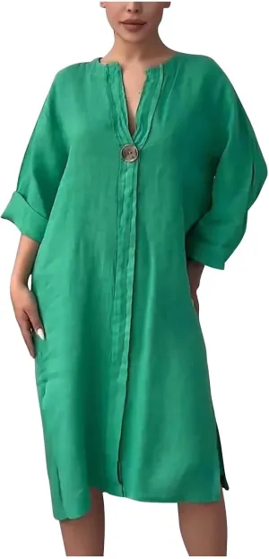 Womens Plus Size Summer Dress Cotton Linen Trendy 3/4 Sleeve Dresses Casual Loose Side Split V Neck Midi Shirt Dress