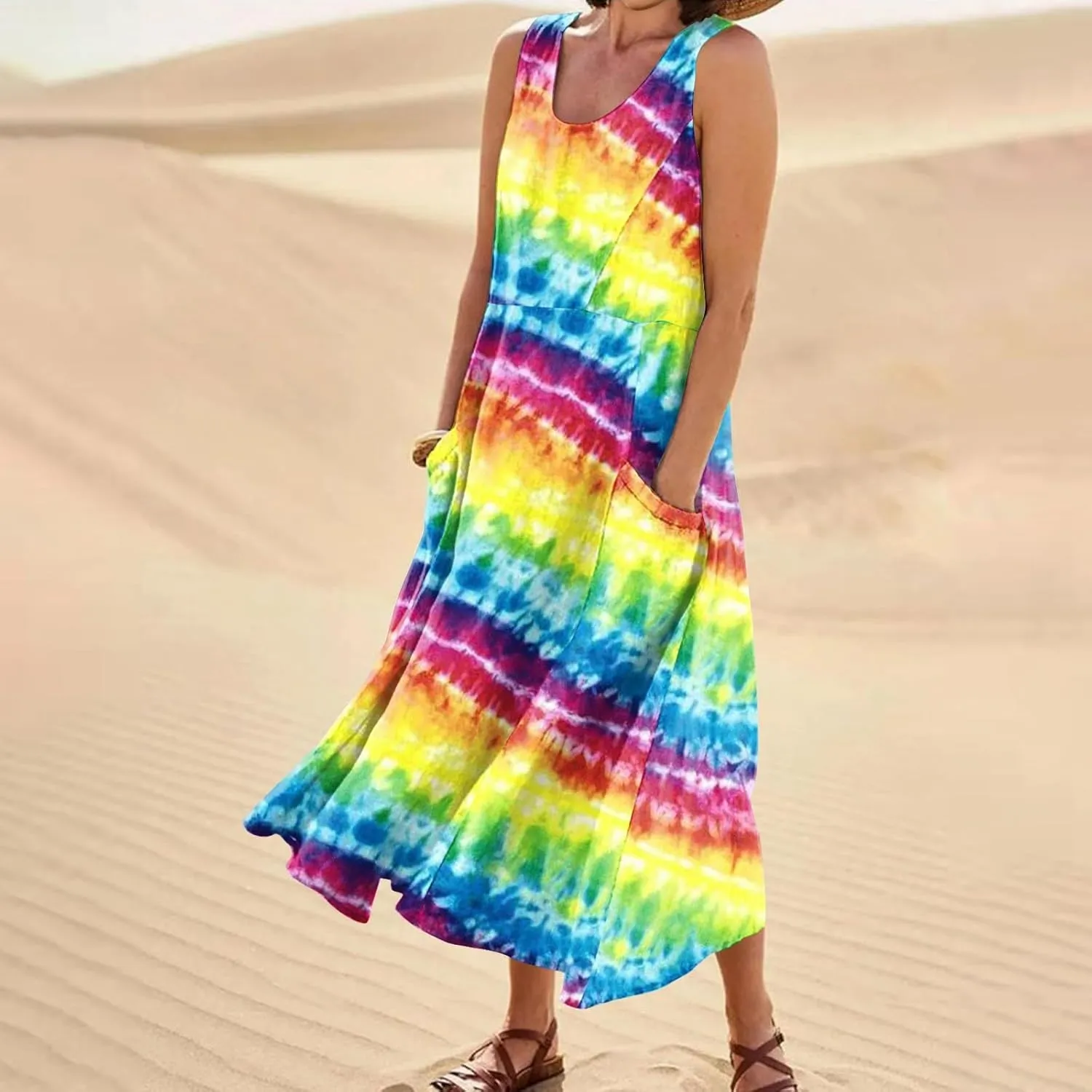 Womens Plus Size Summer Dresses 2025 Gradient Ombre Trendy Casual Vacation Sleeveless Boho Tank Midi Pockets Sundresses
