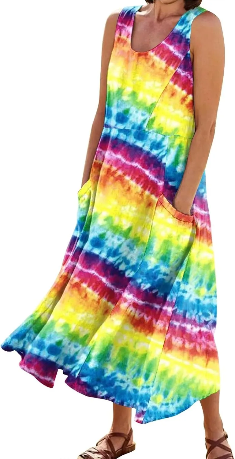 Womens Plus Size Summer Dresses 2025 Gradient Ombre Trendy Casual Vacation Sleeveless Boho Tank Midi Pockets Sundresses