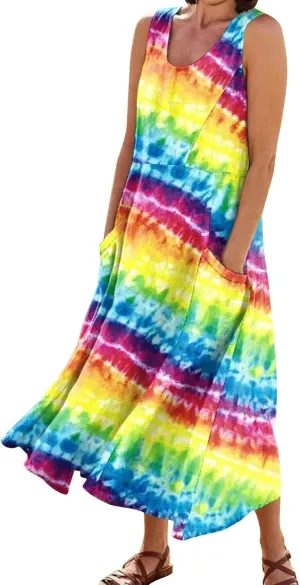 Womens Plus Size Summer Dresses 2025 Gradient Ombre Trendy Casual Vacation Sleeveless Boho Tank Midi Pockets Sundresses
