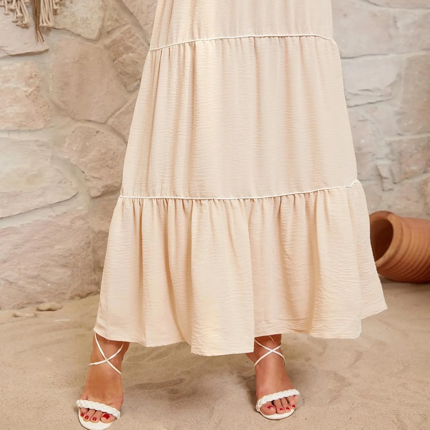 Women's Solid Color Sundress Summer Boho Square Neck Long Dress Spaghetti Strap Back Elastic A line Maxi Dresses