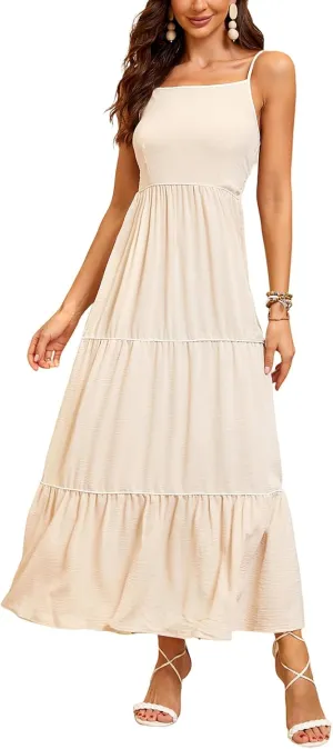 Women's Solid Color Sundress Summer Boho Square Neck Long Dress Spaghetti Strap Back Elastic A line Maxi Dresses