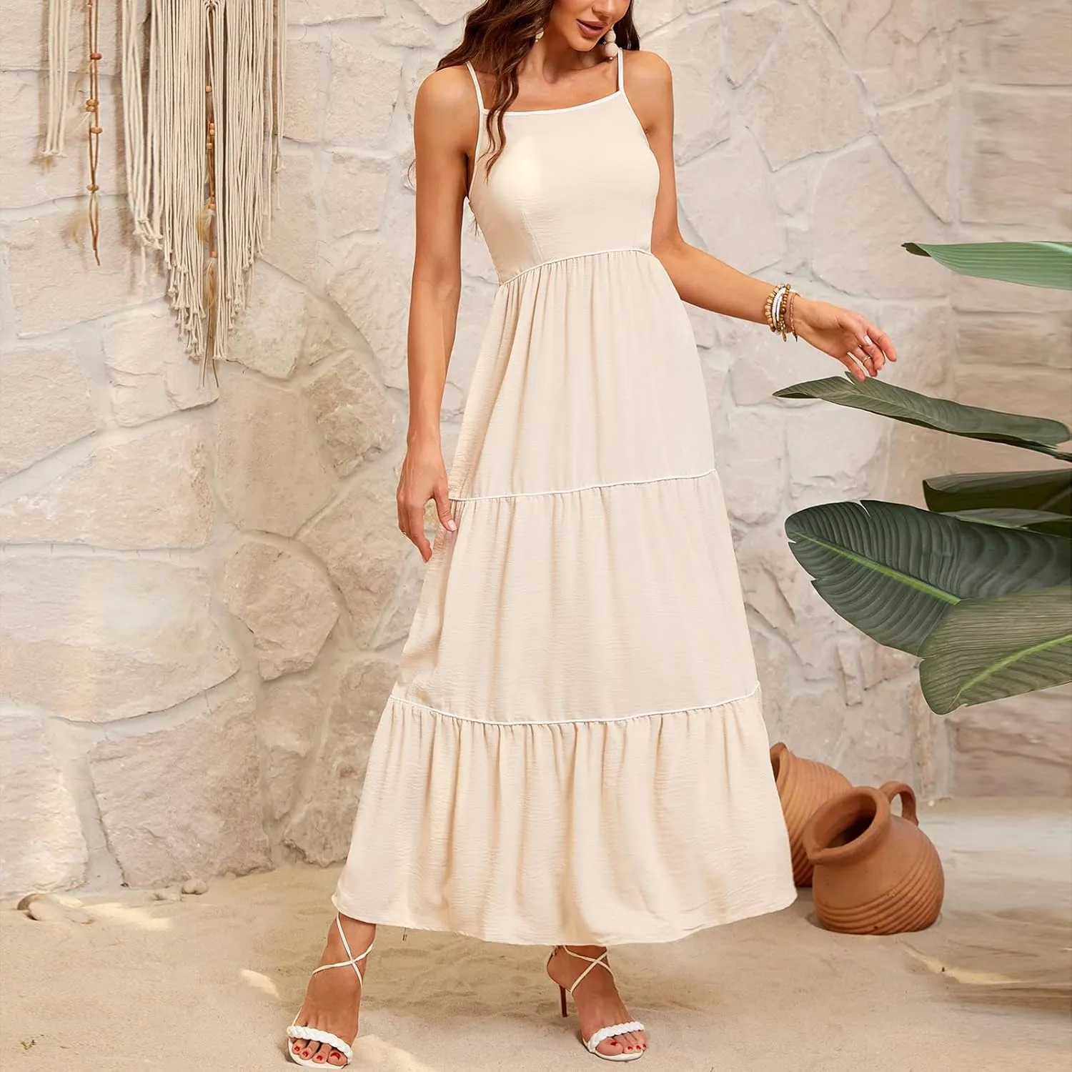 Women's Solid Color Sundress Summer Boho Square Neck Long Dress Spaghetti Strap Back Elastic A line Maxi Dresses