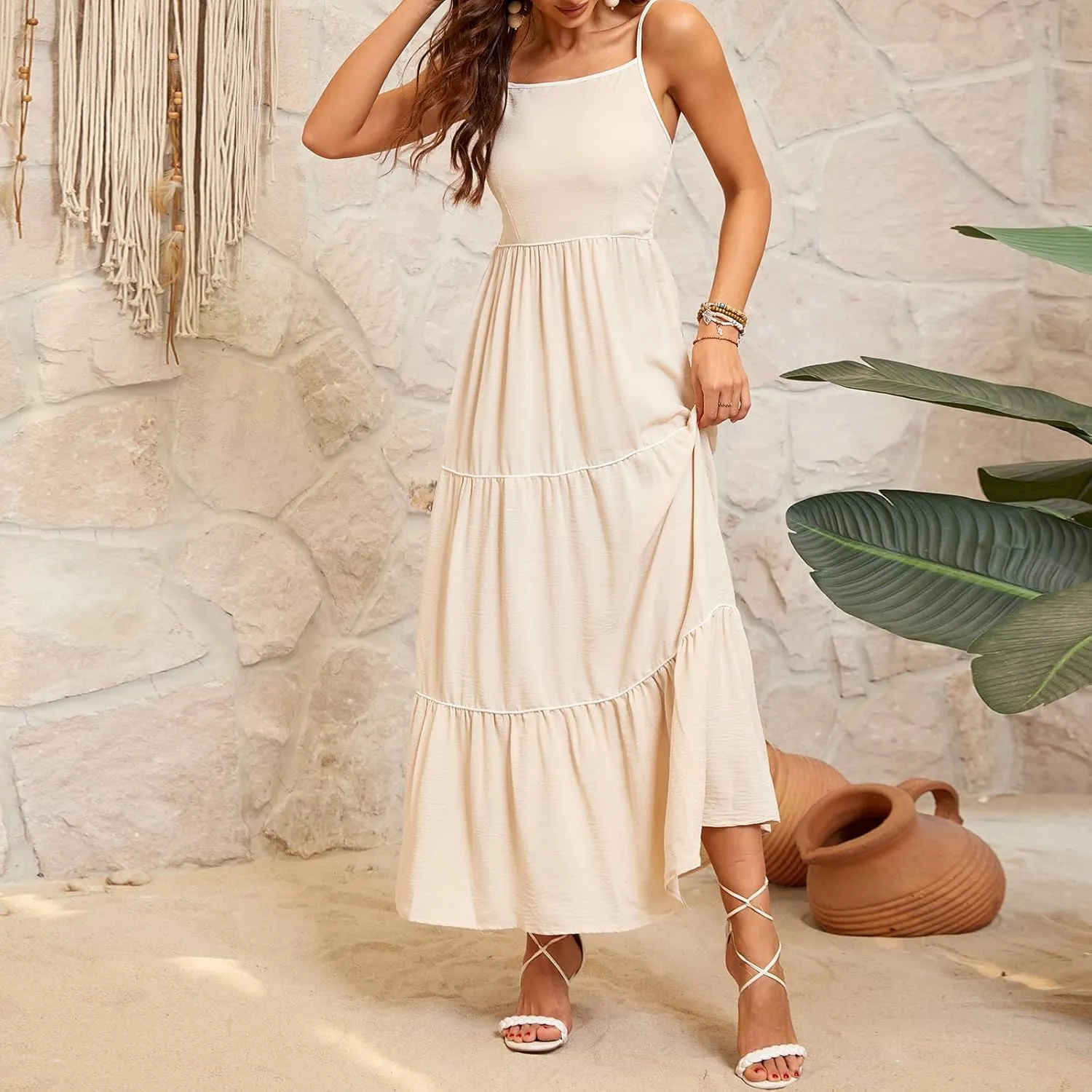 Women's Solid Color Sundress Summer Boho Square Neck Long Dress Spaghetti Strap Back Elastic A line Maxi Dresses