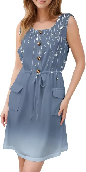 Women's Spring Dresses Sleeveless Trendy Tie Waist Elegant Square Neck Flowy Holiday Loose Fit Midi Dress
