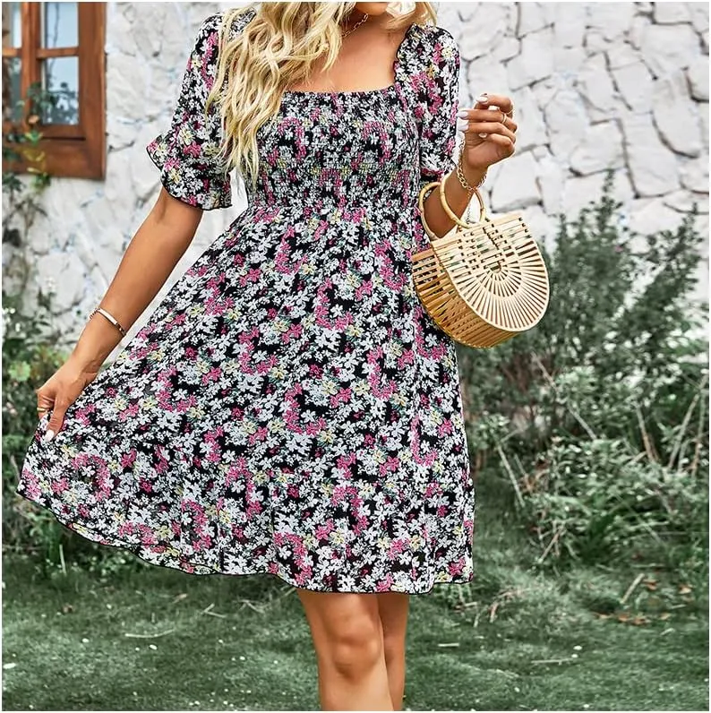 Womens Square Neck Short Puff Sleeve Casual Backless Dress Summer Floral Vacation Ruffle Mini Short Dresses