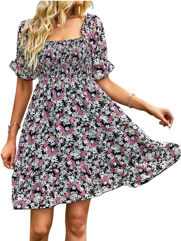 Womens Square Neck Short Puff Sleeve Casual Backless Dress Summer Floral Vacation Ruffle Mini Short Dresses