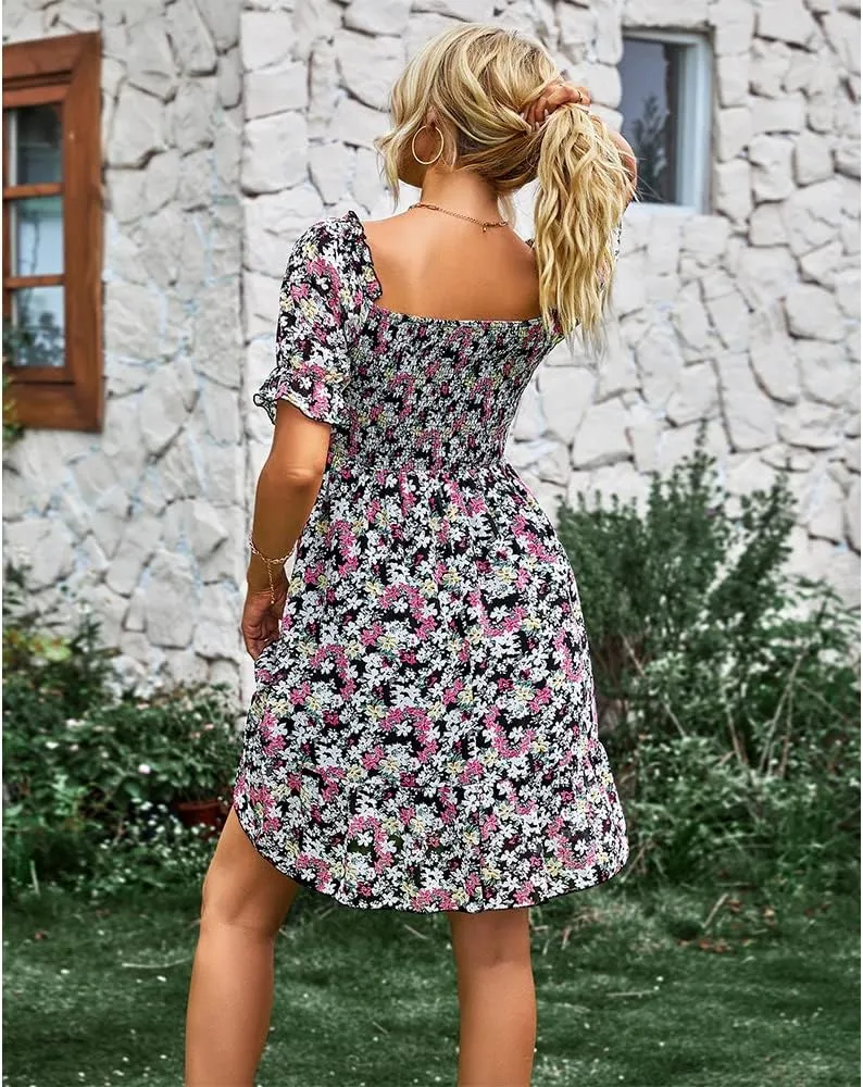 Womens Square Neck Short Puff Sleeve Casual Backless Dress Summer Floral Vacation Ruffle Mini Short Dresses