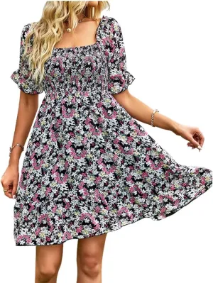 Womens Square Neck Short Puff Sleeve Casual Backless Dress Summer Floral Vacation Ruffle Mini Short Dresses