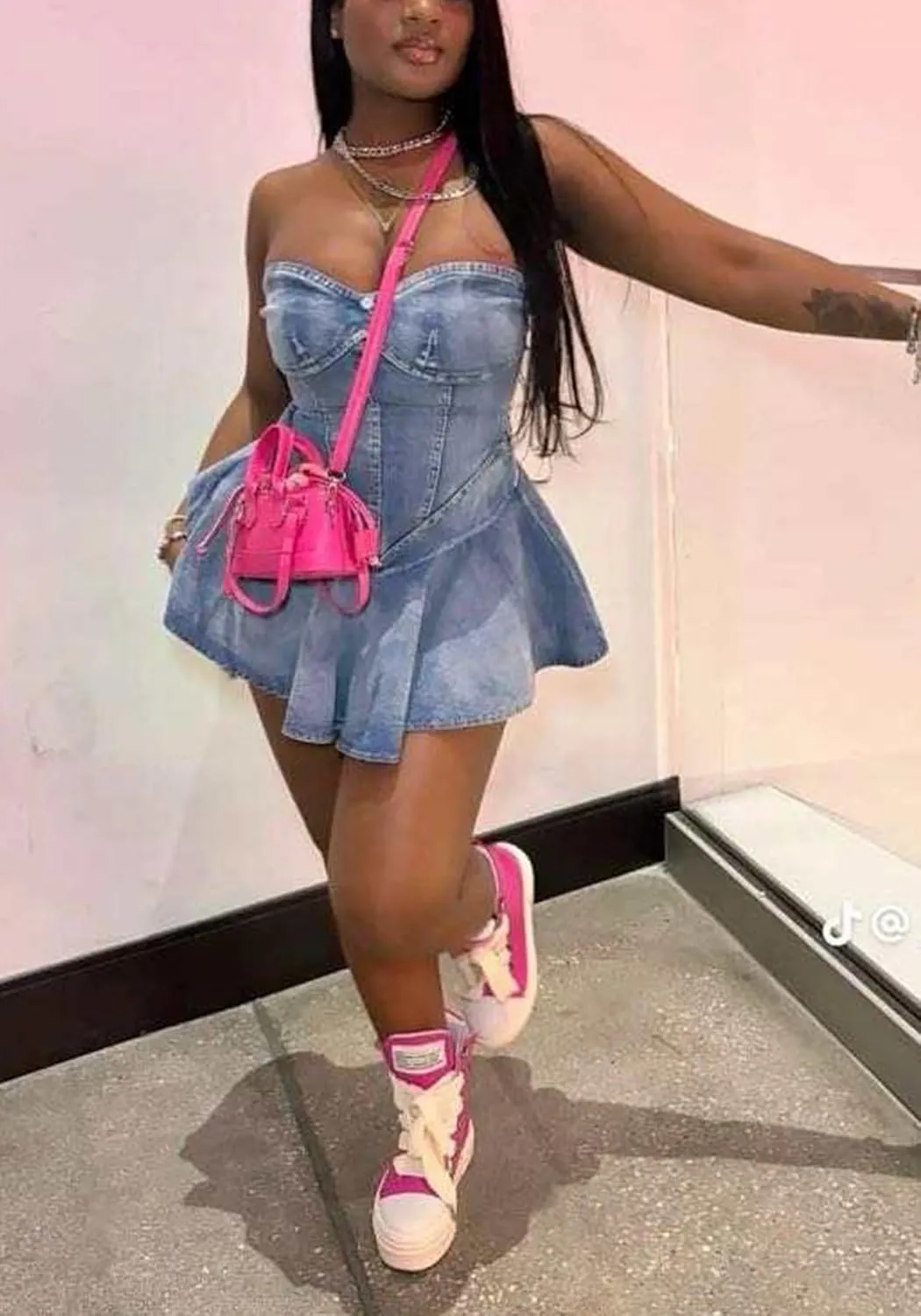 Women's Strapless Denim Dress Sexy Off Shoulder Corset Tube Pleated A Line Summer Mini Jean Dresses Clubwear