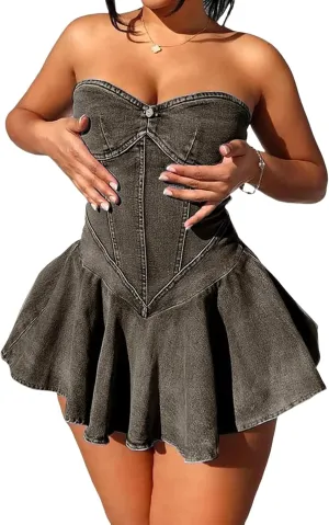 Women's Strapless Denim Dress Sexy Off Shoulder Corset Tube Pleated A Line Summer Mini Jean Dresses Clubwear