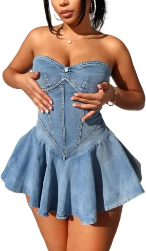 Women's Strapless Denim Dress Sexy Off Shoulder Corset Tube Pleated A Line Summer Mini Jean Dresses Clubwear
