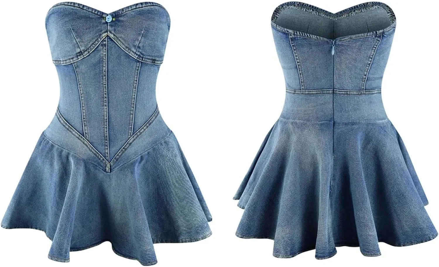 Women's Strapless Denim Dress Sexy Off Shoulder Corset Tube Pleated A Line Summer Mini Jean Dresses Clubwear