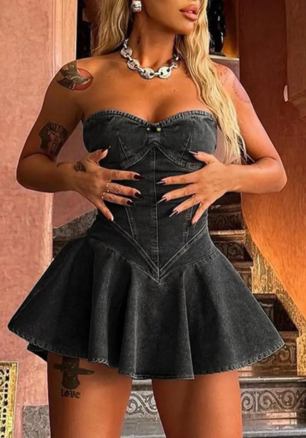 Women's Strapless Denim Dress Sexy Off Shoulder Corset Tube Pleated A Line Summer Mini Jean Dresses Clubwear