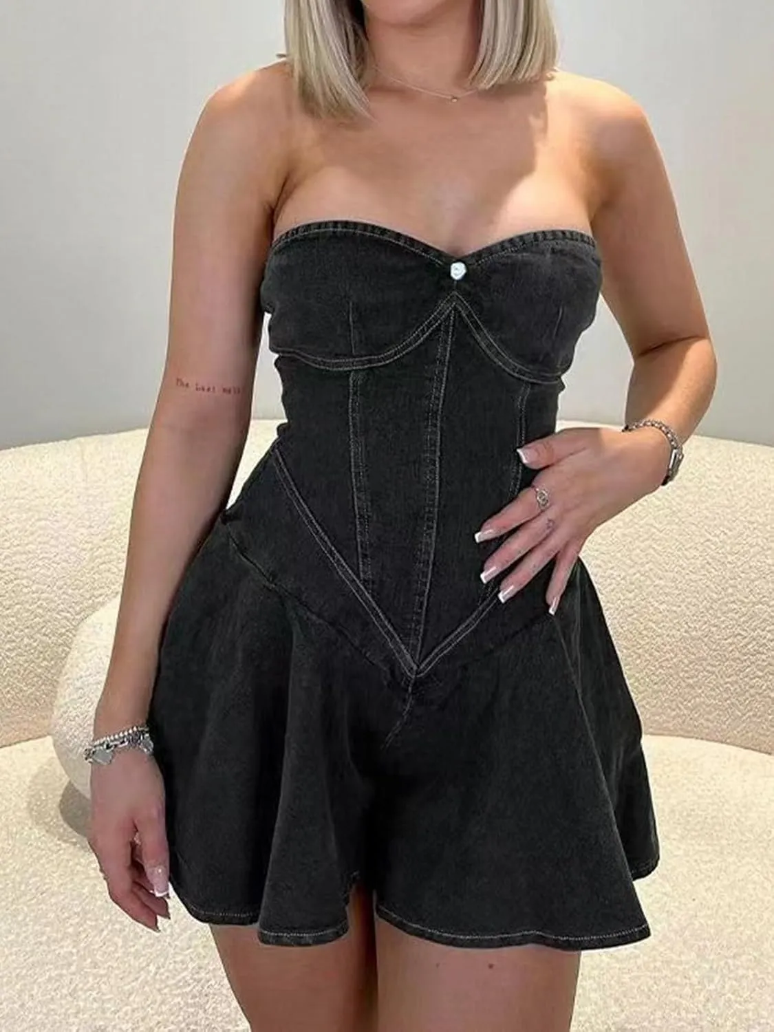 Women's Strapless Denim Dress Sexy Off Shoulder Corset Tube Pleated A Line Summer Mini Jean Dresses Clubwear