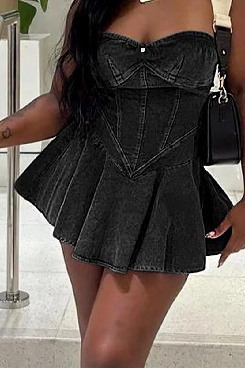 Women's Strapless Denim Dress Sexy Off Shoulder Corset Tube Pleated A Line Summer Mini Jean Dresses Clubwear