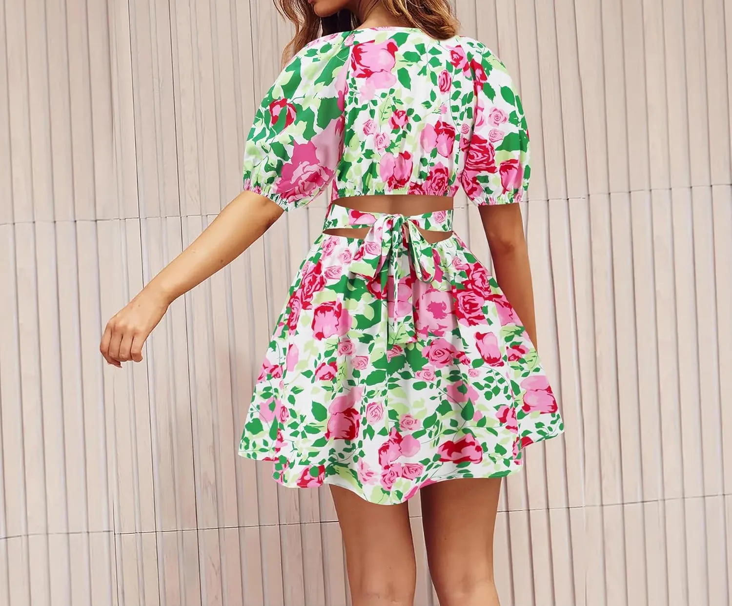 Women's Summer 2024 Casual Short Sleeve Wrap V Neck Ruffle Floral Print High Waist Flowy Mini Dress
