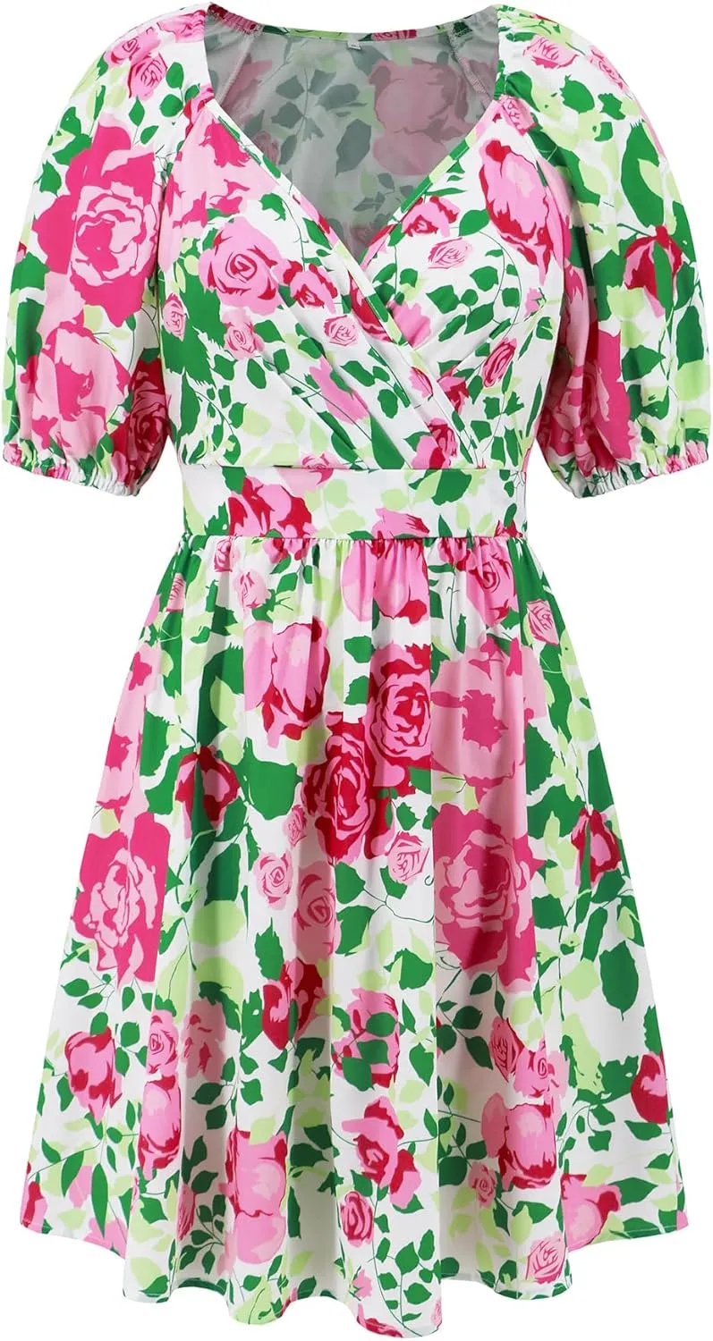 Women's Summer 2024 Casual Short Sleeve Wrap V Neck Ruffle Floral Print High Waist Flowy Mini Dress