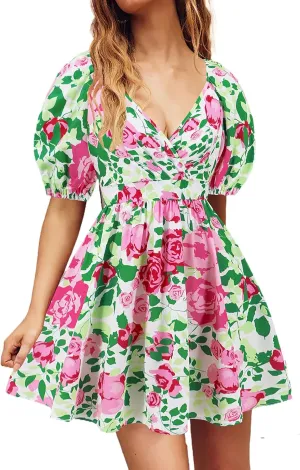 Women's Summer 2024 Casual Short Sleeve Wrap V Neck Ruffle Floral Print High Waist Flowy Mini Dress
