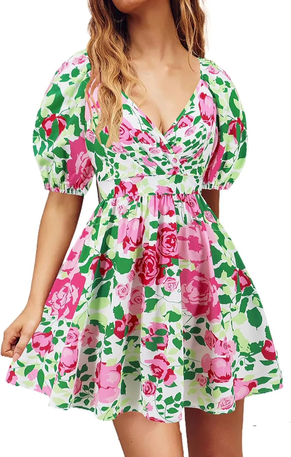 Women's Summer 2024 Casual Short Sleeve Wrap V Neck Ruffle Floral Print High Waist Flowy Mini Dress