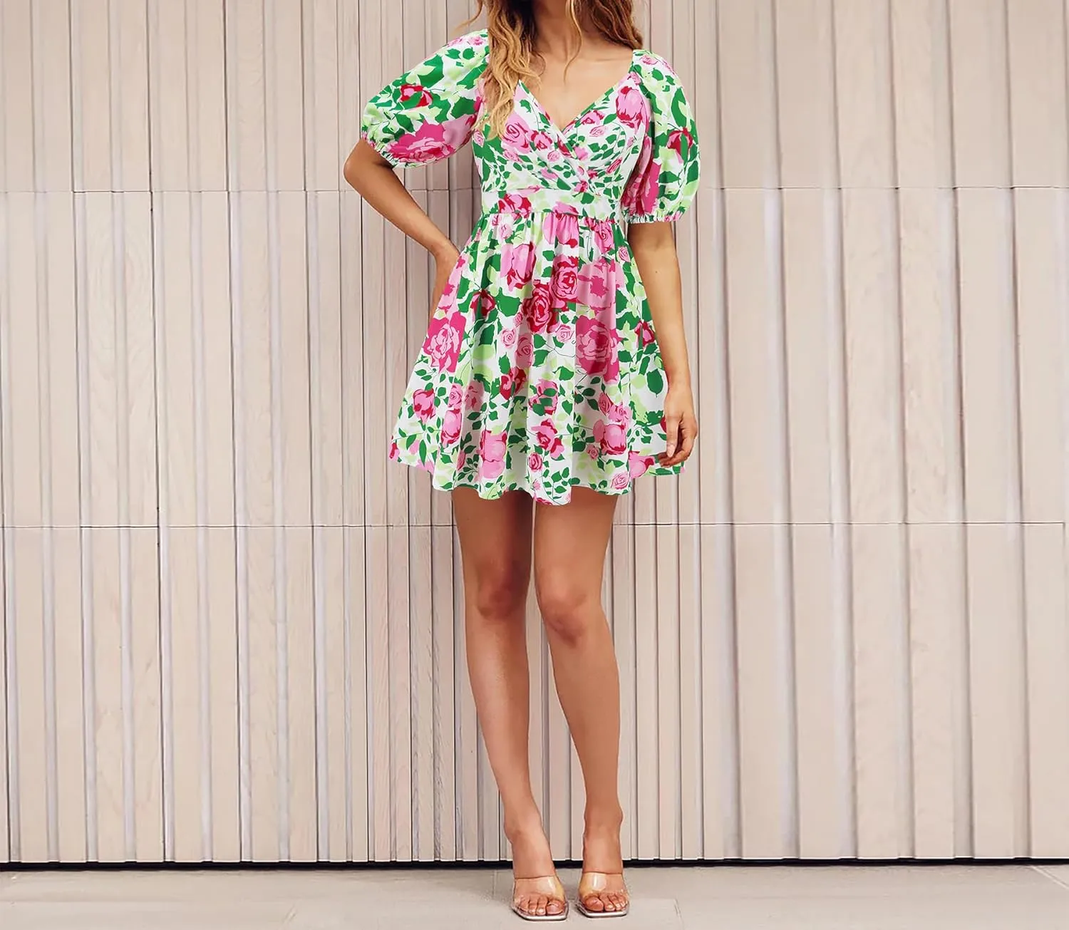 Women's Summer 2024 Casual Short Sleeve Wrap V Neck Ruffle Floral Print High Waist Flowy Mini Dress