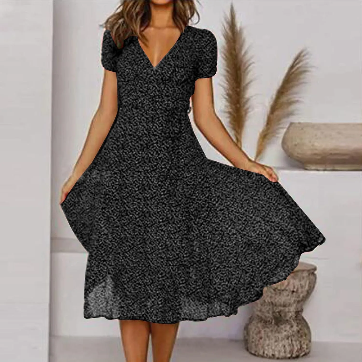 Women's Summer Beach Sundress Trendy V Neck Short Sleeve Floral Printed A Line Ruffle Dresses Floral Long Maxi Dress