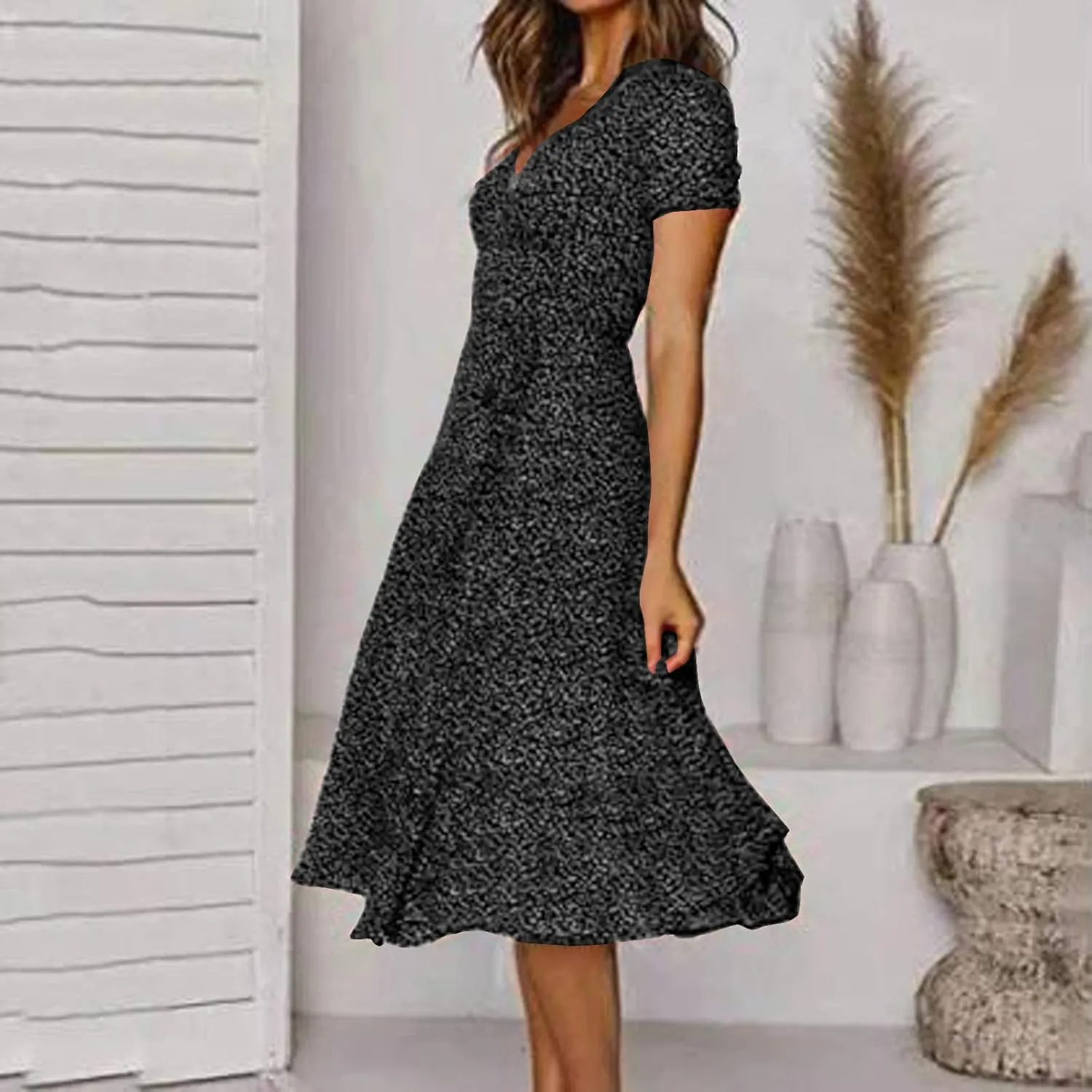 Women's Summer Beach Sundress Trendy V Neck Short Sleeve Floral Printed A Line Ruffle Dresses Floral Long Maxi Dress
