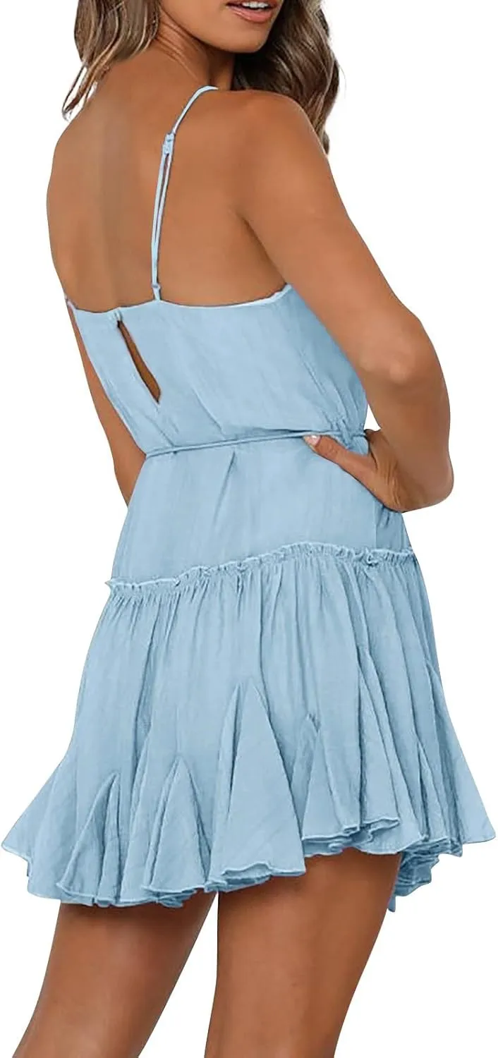 Women's Summer Boho Sleeveless Dress Spaghetti Straps Casual Flowy A Line Beach Party V Neck Ruffle Elegant Dresses