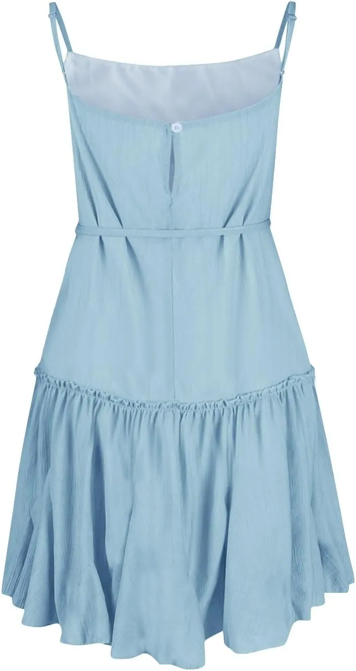 Women's Summer Boho Sleeveless Dress Spaghetti Straps Casual Flowy A Line Beach Party V Neck Ruffle Elegant Dresses