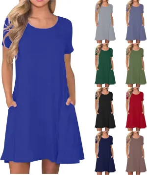 Womens Summer Casual Solid Dresses Beach Vacation Dresses Short Sleeve Tshirt Mini Dress with Pockets