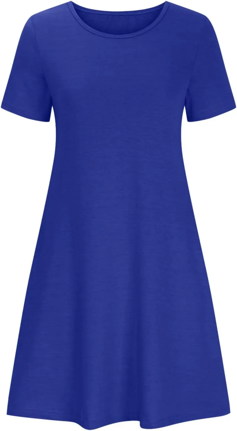 Womens Summer Casual Solid Dresses Beach Vacation Dresses Short Sleeve Tshirt Mini Dress with Pockets