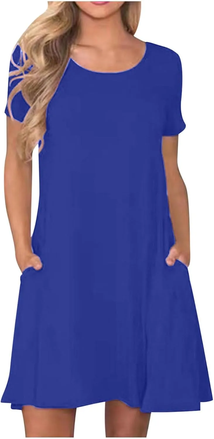 Womens Summer Casual Solid Dresses Beach Vacation Dresses Short Sleeve Tshirt Mini Dress with Pockets