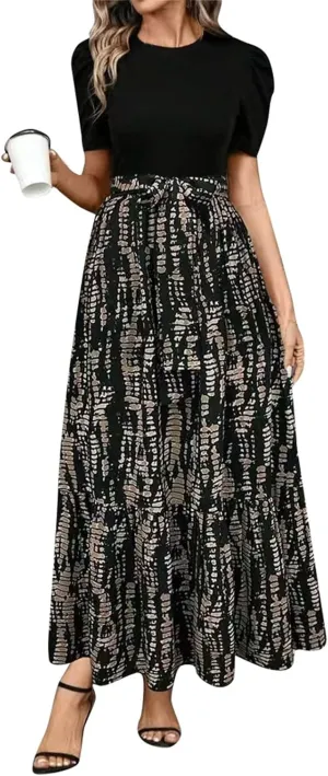 Women's Summer Dress Short Sleeve Crew Neck Floral High Waist Patchwork Dress Long Flowy A Line Maxi Dresses, S-2XL