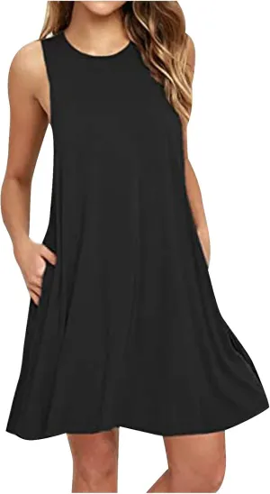 Women's Summer Dresses 2025 Beach Casual Sleeveless Solid Color Tank Loose Sundress with Pocket Beach Cover up Loose Dress