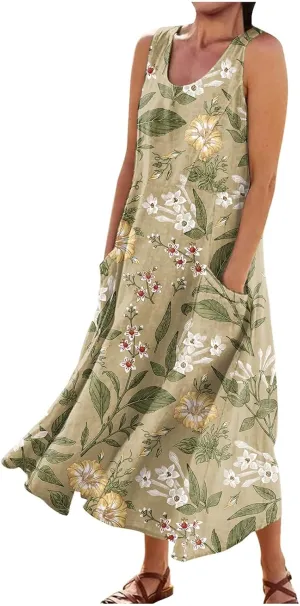 Women's Summer Dresses Cotton Linen Floral Print Dresses Sleeveless Beach Vacation Flowy Long Sundress with Pockets