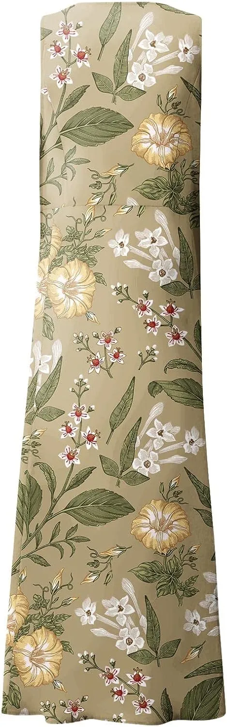 Women's Summer Dresses Cotton Linen Floral Print Dresses Sleeveless Beach Vacation Flowy Long Sundress with Pockets