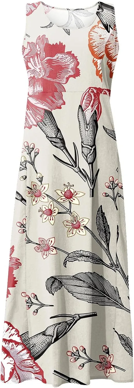Women's Summer Dresses Cotton Linen Floral Print Dresses Sleeveless Beach Vacation Flowy Long Sundress with Pockets