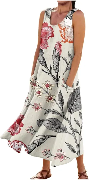 Women's Summer Dresses Cotton Linen Floral Print Dresses Sleeveless Beach Vacation Flowy Long Sundress with Pockets