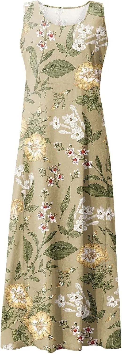 Women's Summer Dresses Cotton Linen Floral Print Dresses Sleeveless Beach Vacation Flowy Long Sundress with Pockets