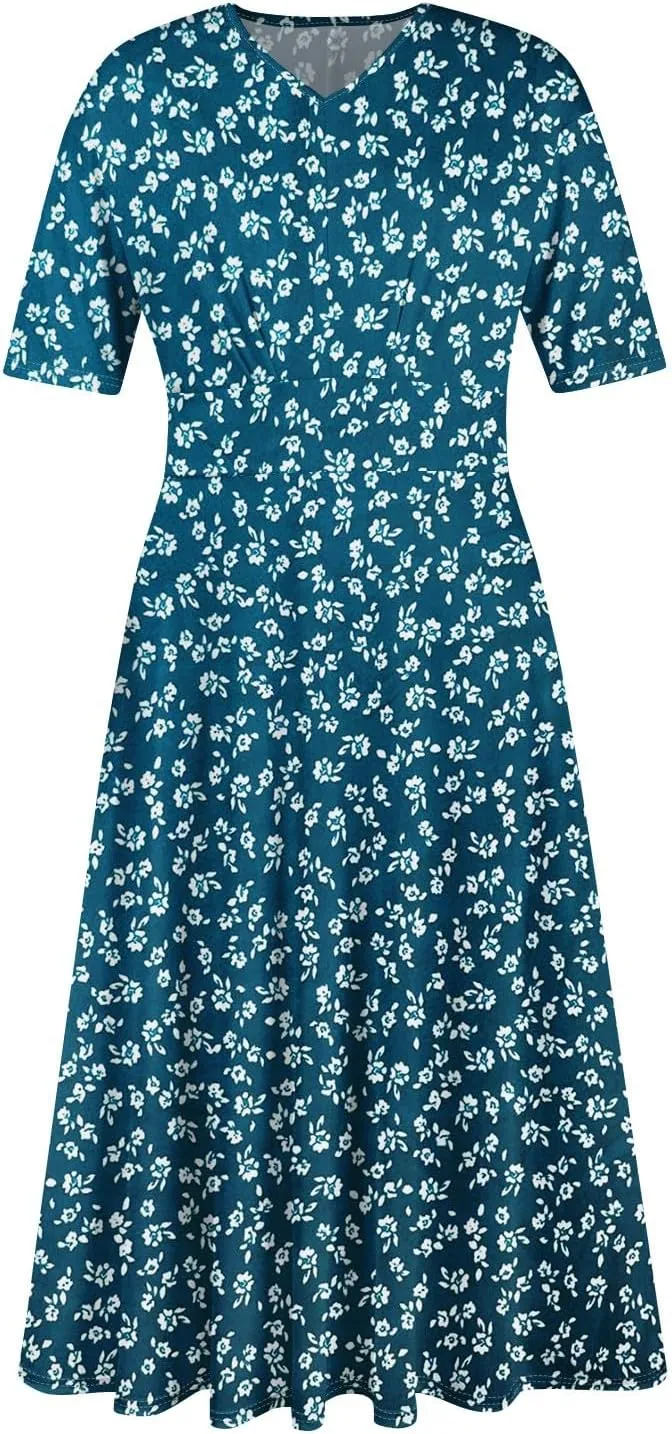 Womens Summer Dresses Midi 2025 Casual Trendy Sundresses Floral Dress Elegant Short Sleeve Sundress A Line V Neck