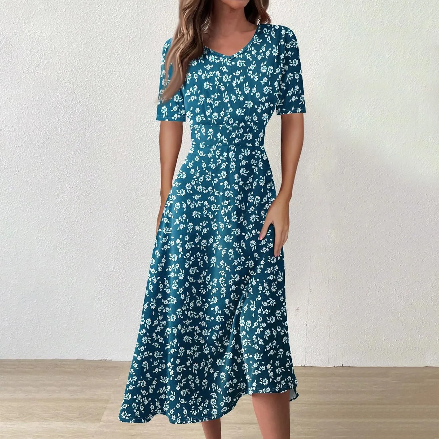 Womens Summer Dresses Midi 2025 Casual Trendy Sundresses Floral Dress Elegant Short Sleeve Sundress A Line V Neck