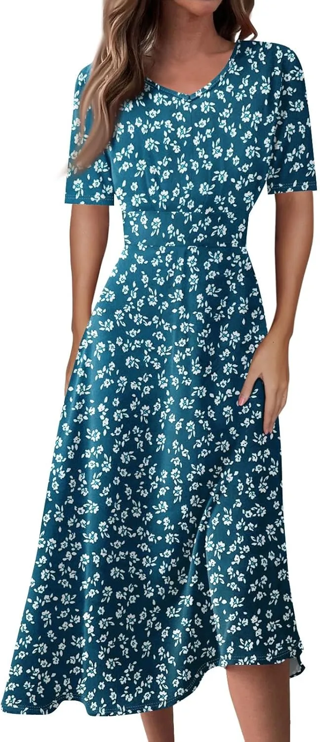 Womens Summer Dresses Midi 2025 Casual Trendy Sundresses Floral Dress Elegant Short Sleeve Sundress A Line V Neck