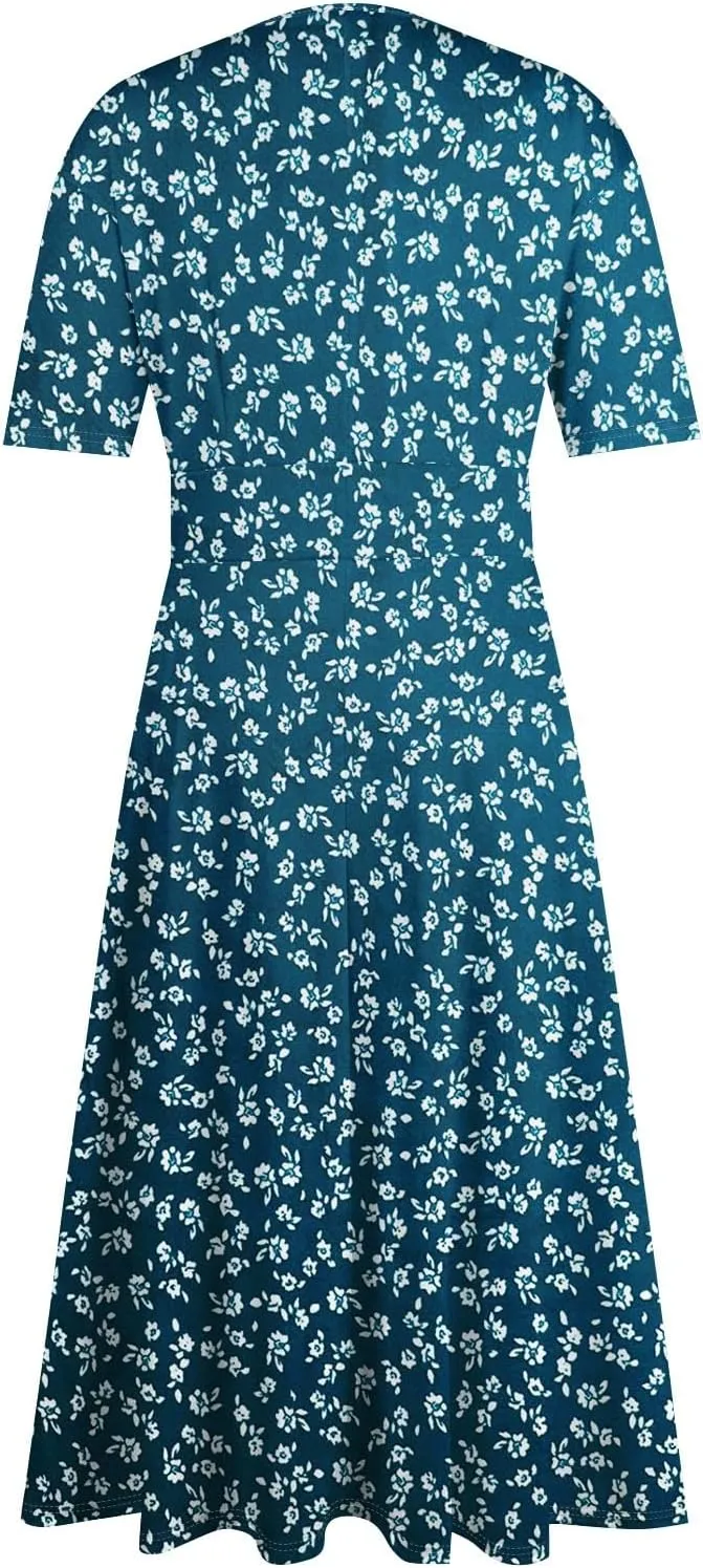 Womens Summer Dresses Midi 2025 Casual Trendy Sundresses Floral Dress Elegant Short Sleeve Sundress A Line V Neck
