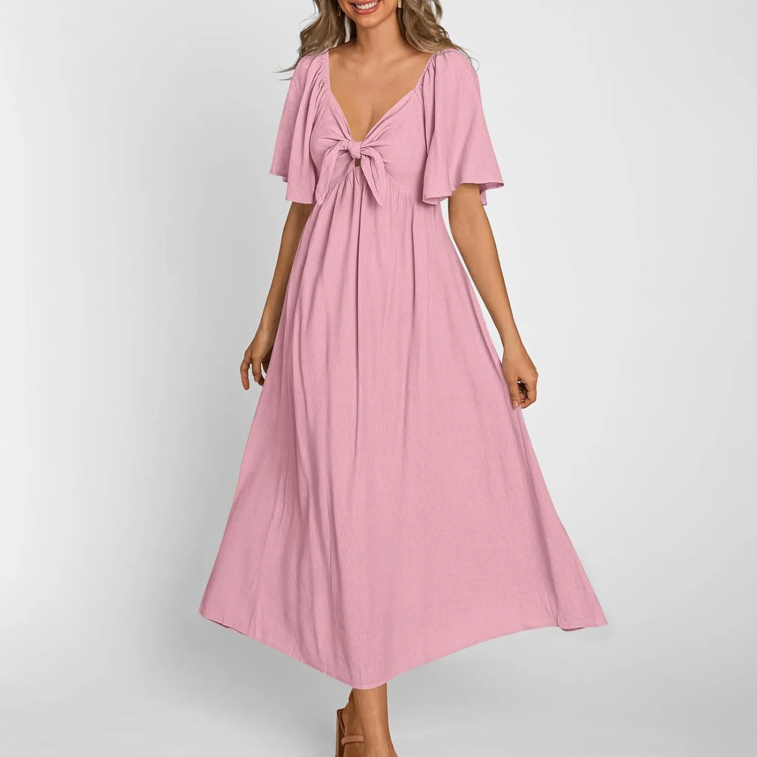 Women's Summer Long Dresses Casual Short Sleeve Flowy Swing Boho Dresses Deep V Neck Elegant Bow tie Beach Dress