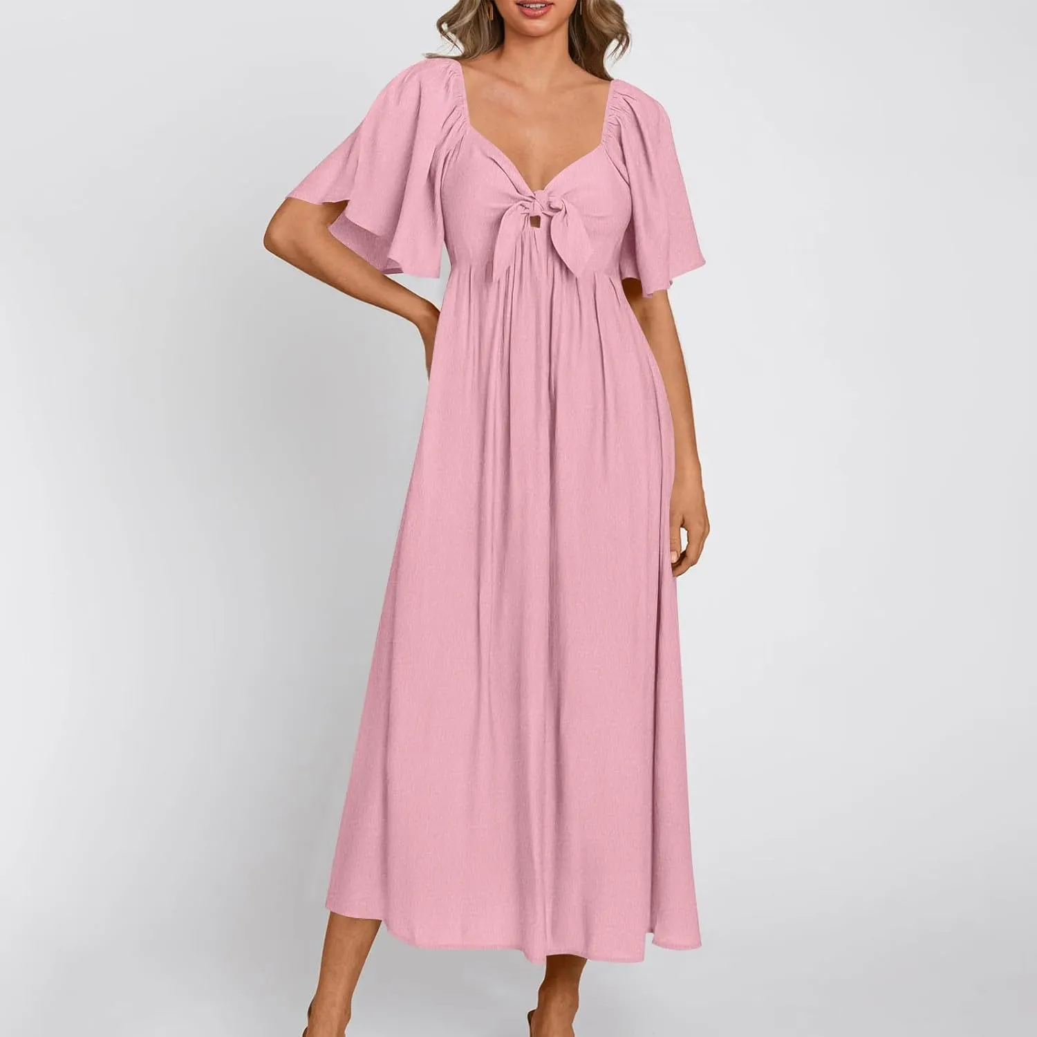 Women's Summer Long Dresses Casual Short Sleeve Flowy Swing Boho Dresses Deep V Neck Elegant Bow tie Beach Dress