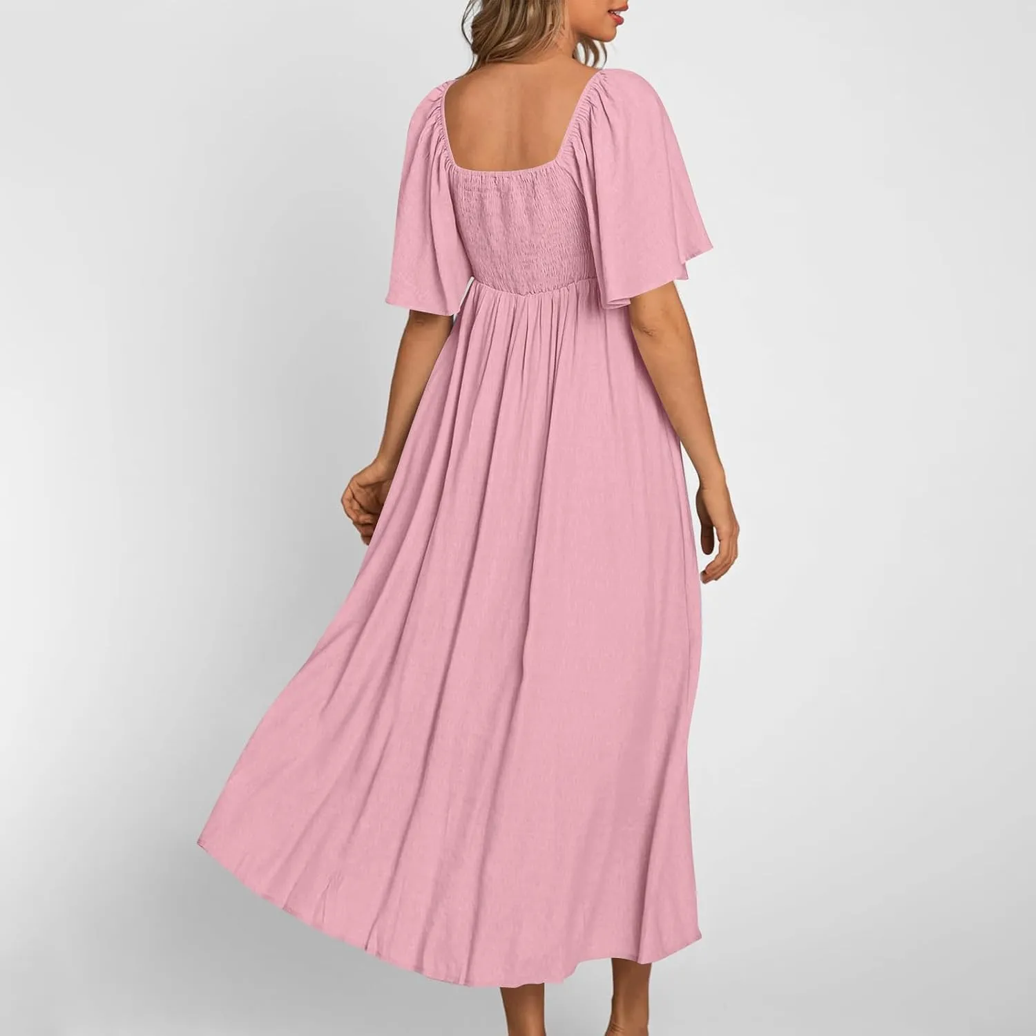 Women's Summer Long Dresses Casual Short Sleeve Flowy Swing Boho Dresses Deep V Neck Elegant Bow tie Beach Dress