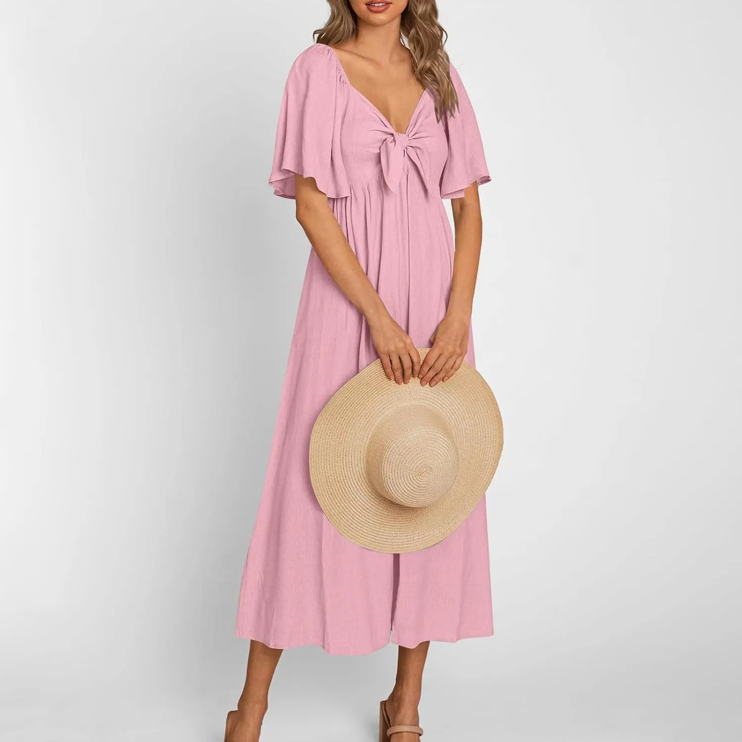 Women's Summer Long Dresses Casual Short Sleeve Flowy Swing Boho Dresses Deep V Neck Elegant Bow tie Beach Dress